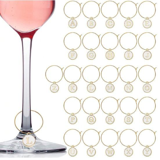 Jogo 26 pçs Pingente Separador Marcador de Taças Alfabeto Mesa Posta Luxo Dourado Gold