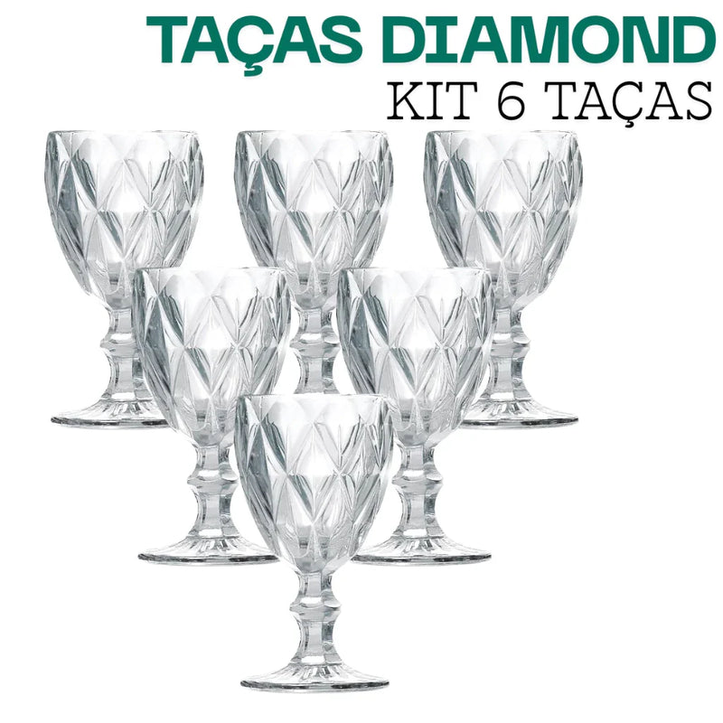 Jogo Kit 6 Taça Diamante Copo Vidro Transparente 340ml