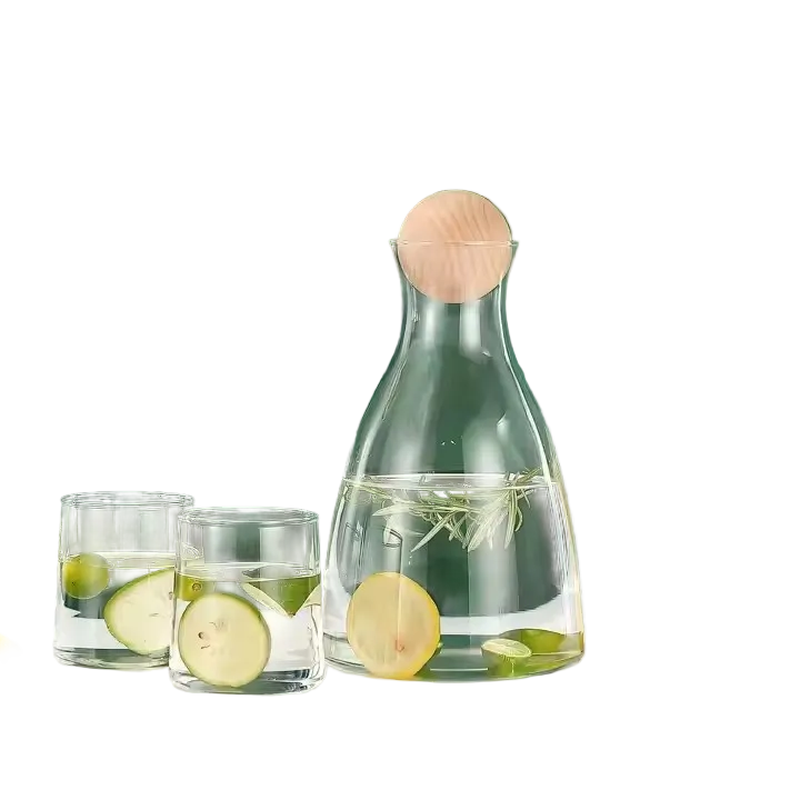 Jarra de vidro com Tampa de Bambu 1,7 Litros Kit 6 Copos de Vidro 280ml