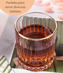 Jogo Copos Baixos Lapidado de Cristal Liso ou Fio de Ouro Whisky 330ml Drinks Suco Água Mesa Posta