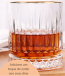 Jogo Copos Baixos Lapidado de Cristal Liso ou Fio de Ouro Whisky 330ml Drinks Suco Água Mesa Posta