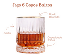 Jogo Copos Baixos Lapidado de Cristal Liso ou Fio de Ouro Whisky 330ml Drinks Suco Água Mesa Posta